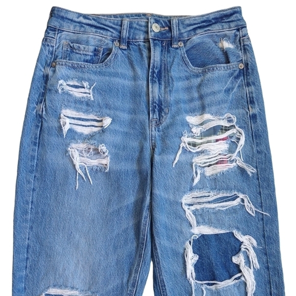 American Eagle Mom Straight Jean Distressed Plaid Panels 100% Cotton Retro-Look - Picture 4 of 14